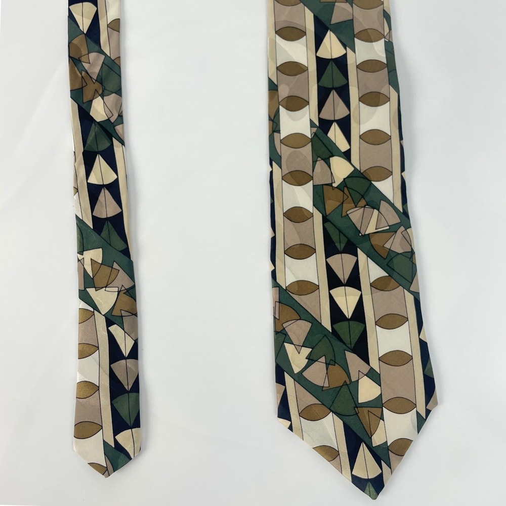 Vintage 90s Silk Tie Abstract Bachrach Screenplay by Martin Wong Geometric Olive - Picture 3 of 12